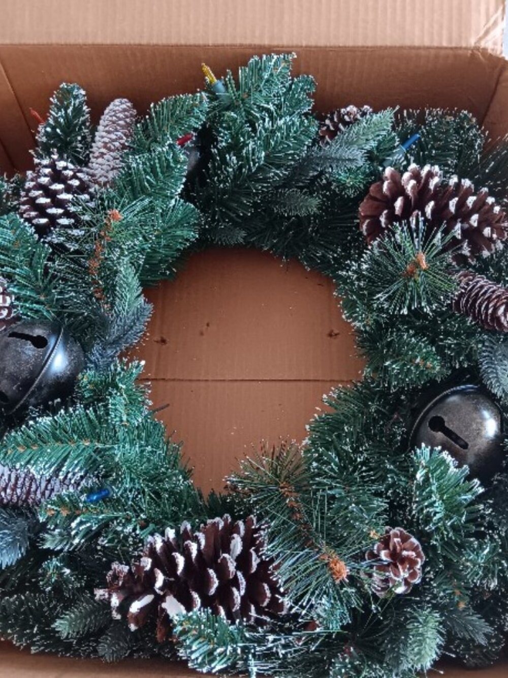 Bethlehem Lights 24" Jingle Bell Wreath with Pinecones